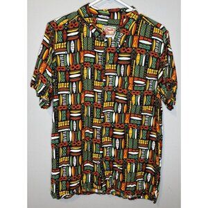 Atomik Tiki Shirt Large Surfboard Print Short Sleeve Colorful Hawaiian Button